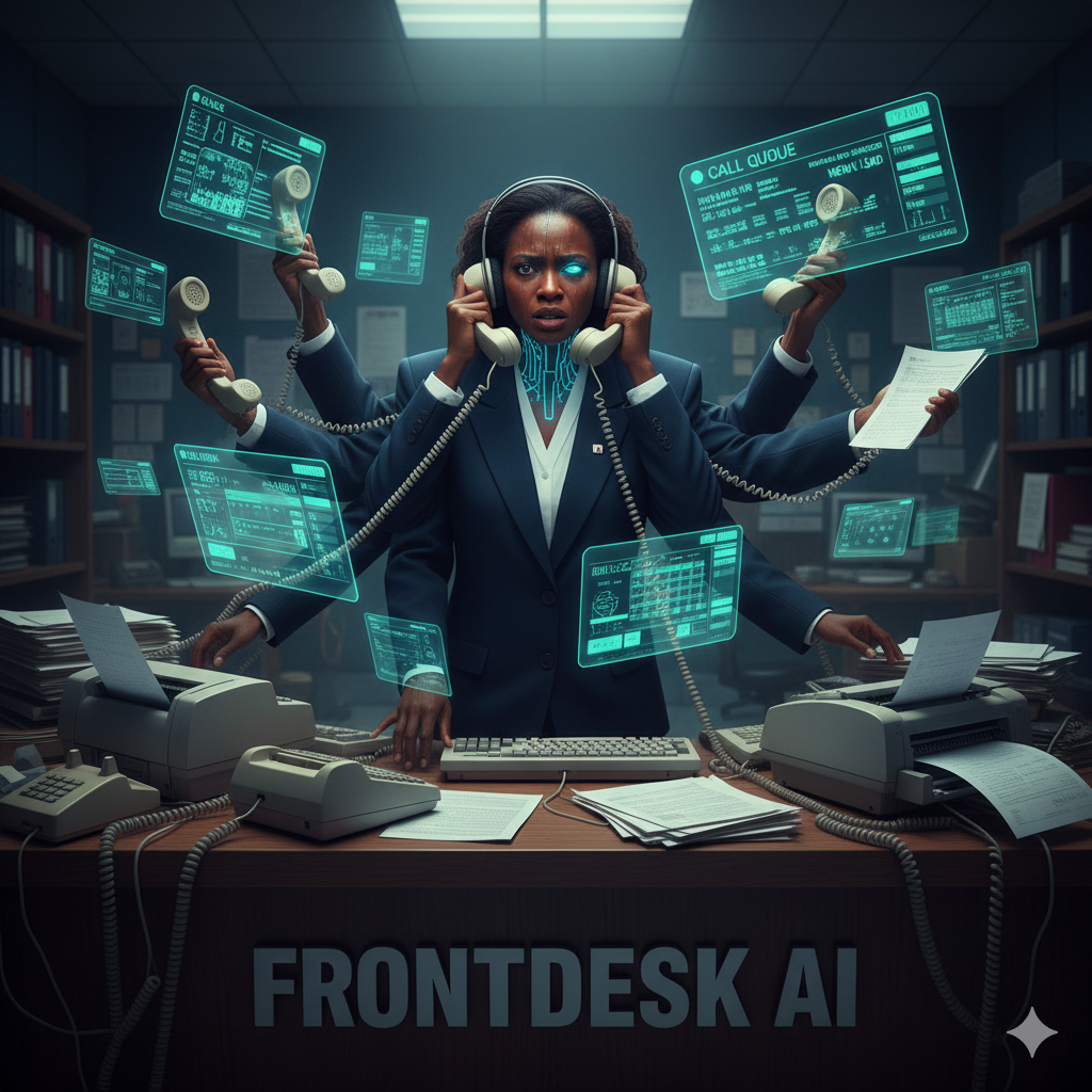 FrontDesk AI receptionist handling multiple calls, screens and paperwork at once